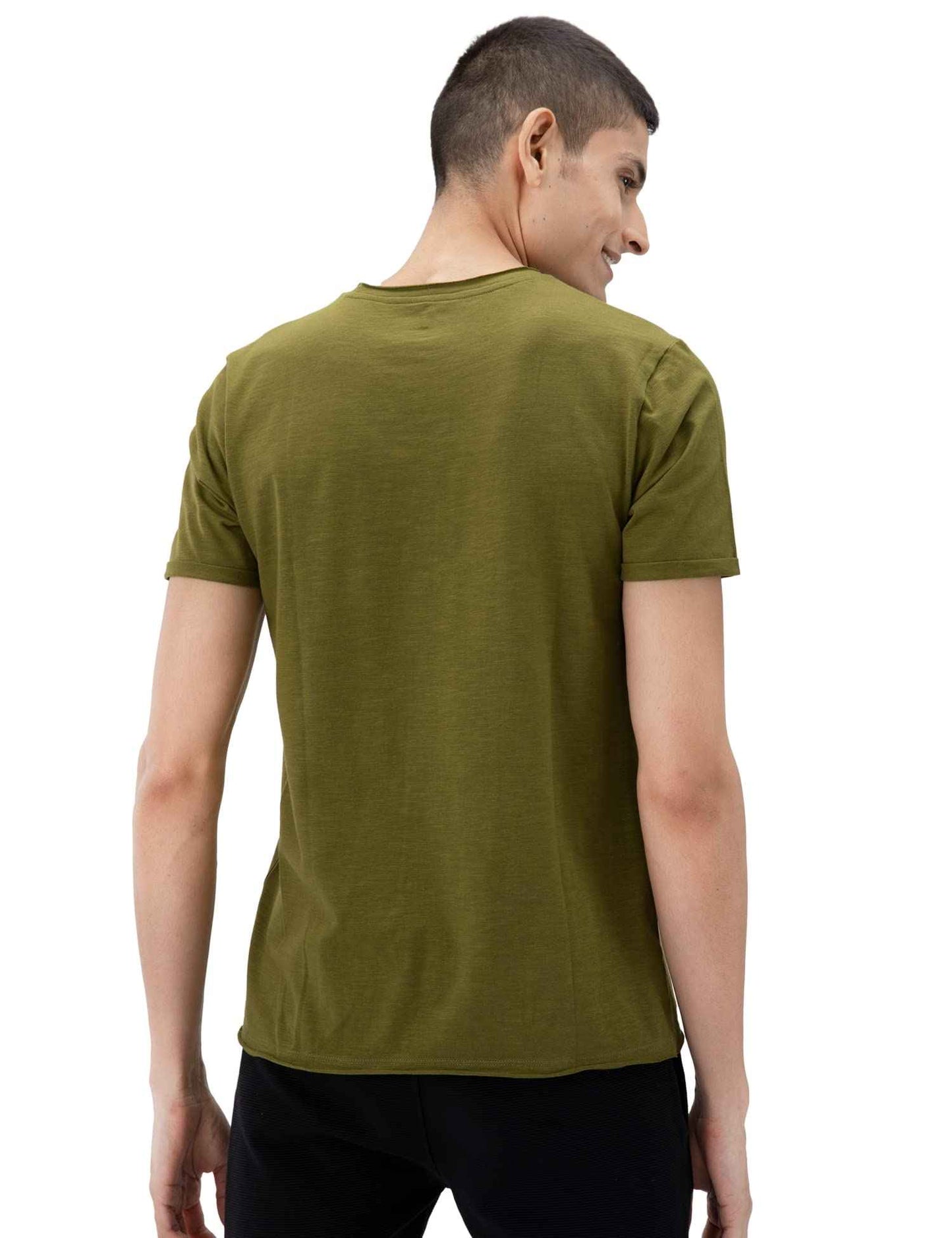 DAMENSCH Men’s Slim Fit Cotton-Elastane Blend Half Sleeve Casual T-Shirt | Round Neck T-Shirt Olive Green