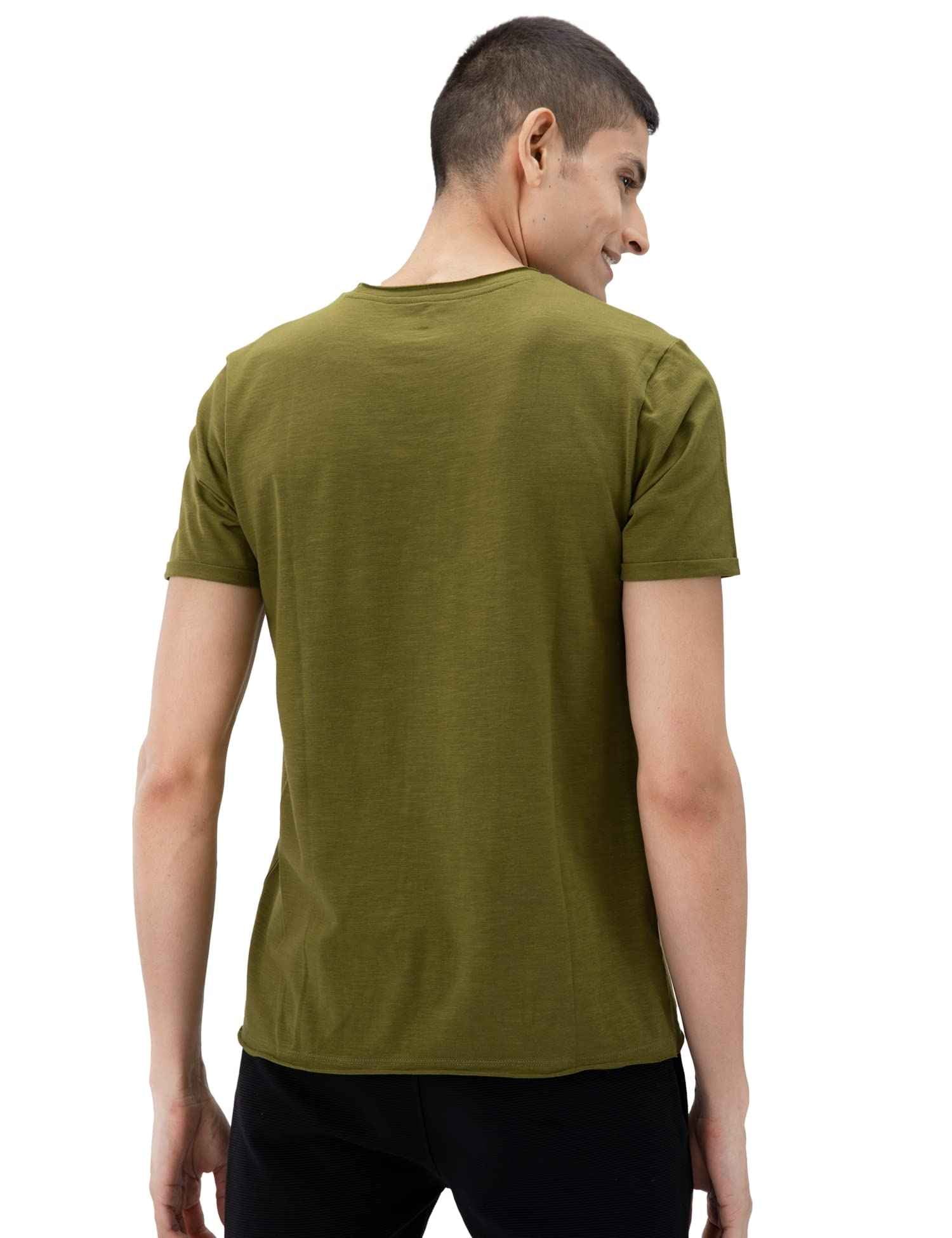 DAMENSCH Men’s Slim Fit Cotton-Elastane Blend Half Sleeve Casual T-Shirt | Round Neck T-Shirt Olive Green
