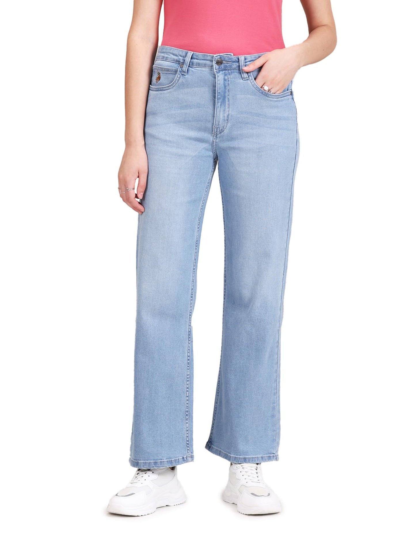 U.S. POLO ASSN. Women's Mid Rise Stone Wash Wide Leg Jeans (UWSS23JN009_Blue_34)
