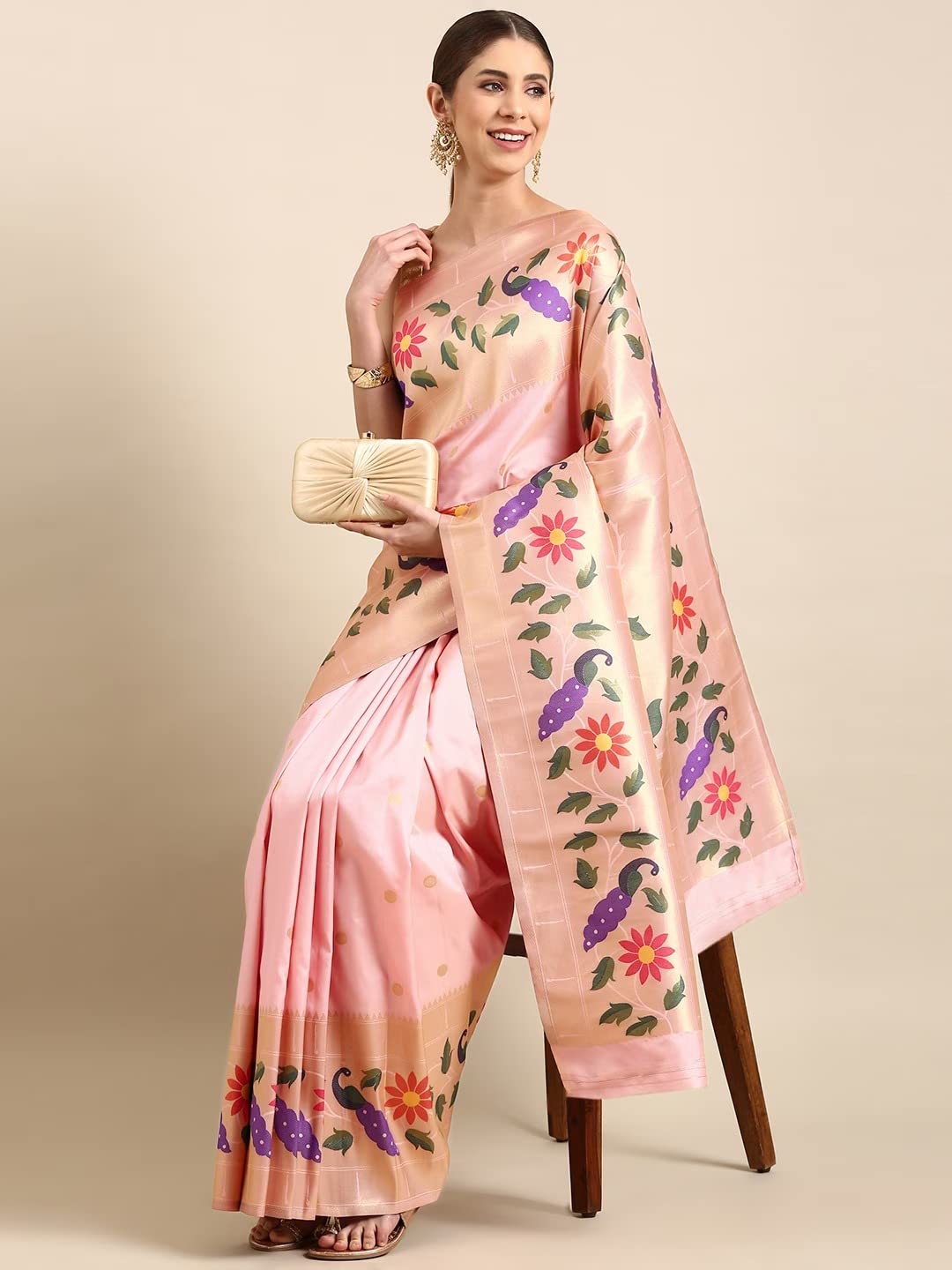 Pandadi Saree Women's Paithani Silk Saree With Unstitched Blouse Piece, Light Pink