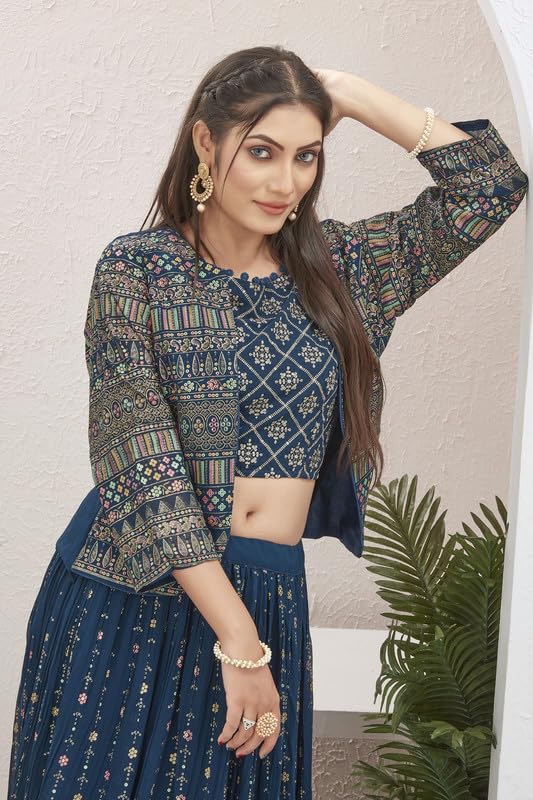 Samprag Georgette Lehenga Choli Set for Womens | 3/4 Sleeve |Round Neck |Ideal for Wedding & Party Occassions | Blue | XL