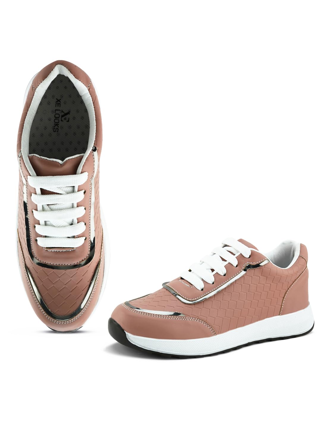 XE Looks Women's Peach Lace-Up Sneakers | Textured Design with Cushioned Sole | Trendy and Comfortable Sneaker Shoes For Girls & Women