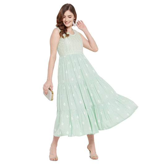 Rangavali Stylish Sea Green Festive Tiered Anarkali Dress for Women | Western A-Line Maxi Sleeveless Long Gown for Womens | Fusion Dresses for Ladies | 1 Pcs Dress | L, 36