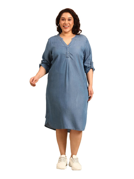 The Pink Moon Women's Midi A-Line Plus Size Denim Dress - (DRS_NIM18_Tencel_Blue_3XL)