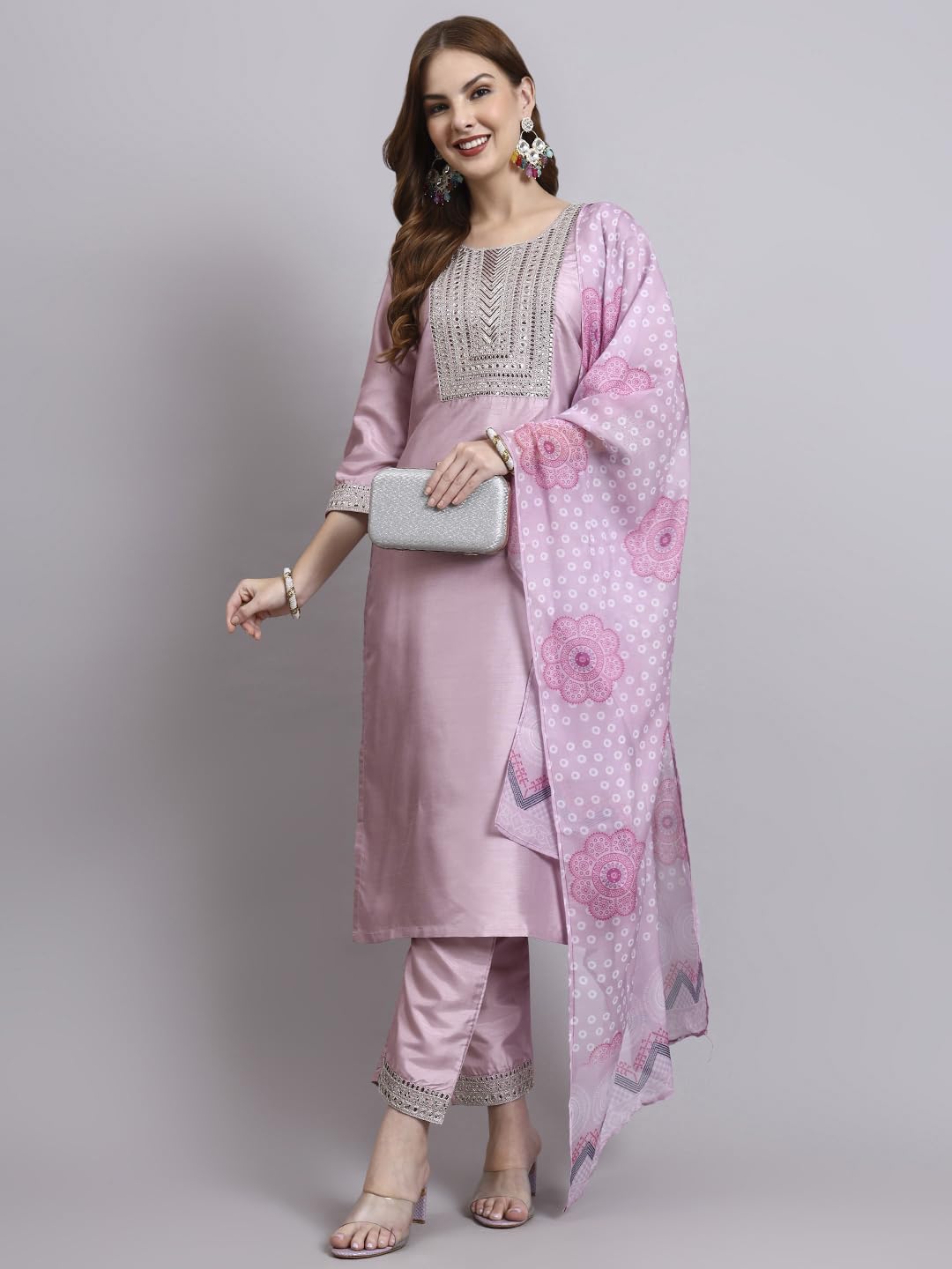 GALGOTO Women's Yellow Embroidered Kurta Pant with Organza Printed Dupatta Set, 3/4 Sleeve, Traditional Indian Ethnic Wear (IN, Alpha, S, Regular, Light Pink)