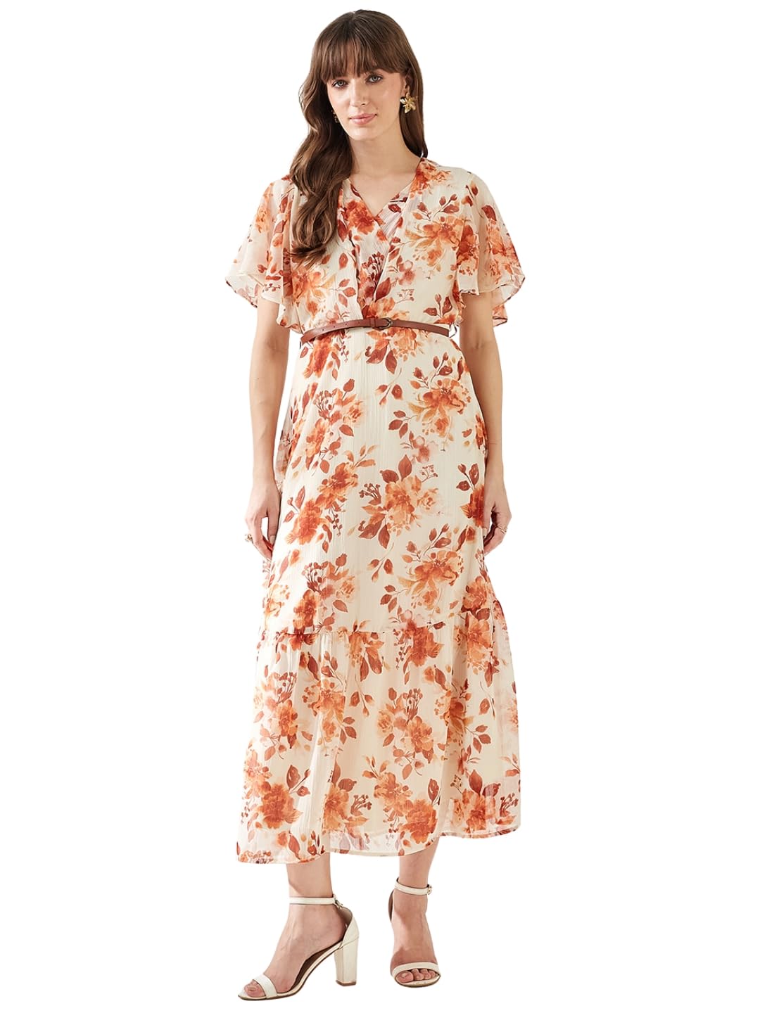 Latin Quarters Women's Rust Short Sleeves V-Neck Printed Casual Maxi Dress_M