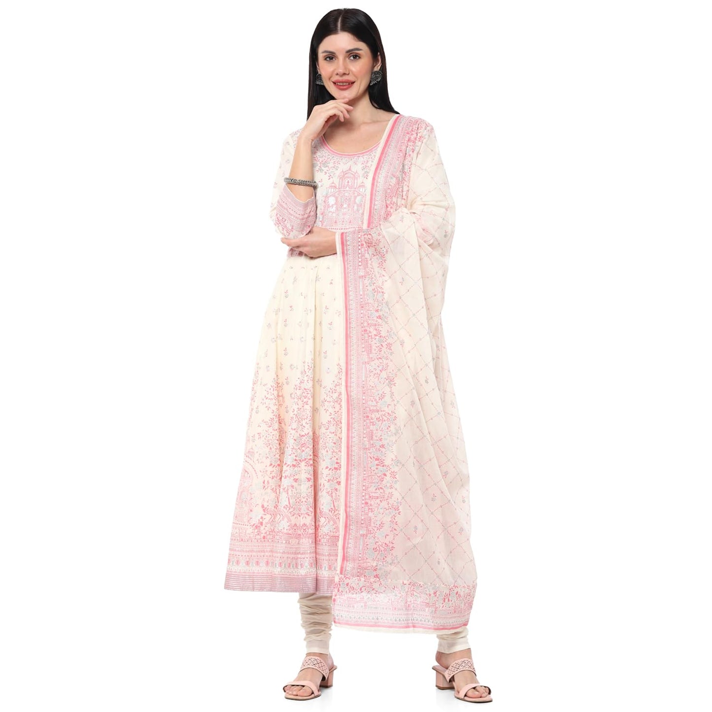 BIBA Cotton Women Printed Anarkali Salwar Kurta Dupatta(Skdshwet Sa8635_Off White_42)