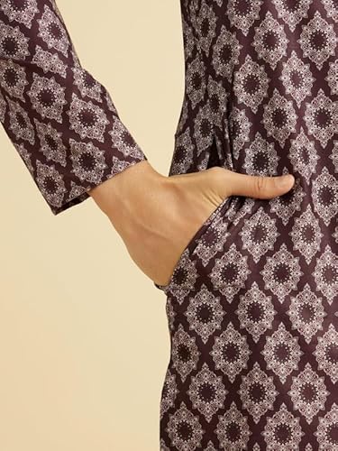Manyavar Men's Cotton Blend Digital Print Long Kurta (Wine,XL)