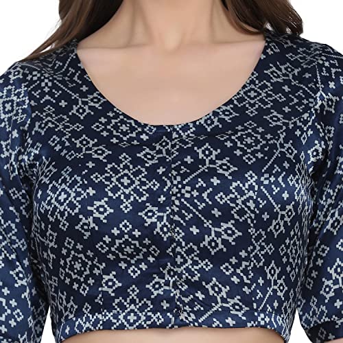 THE WEAVE TRAVELLER Navy Blue Printed Non Padded Women Mashru Saree Blouse