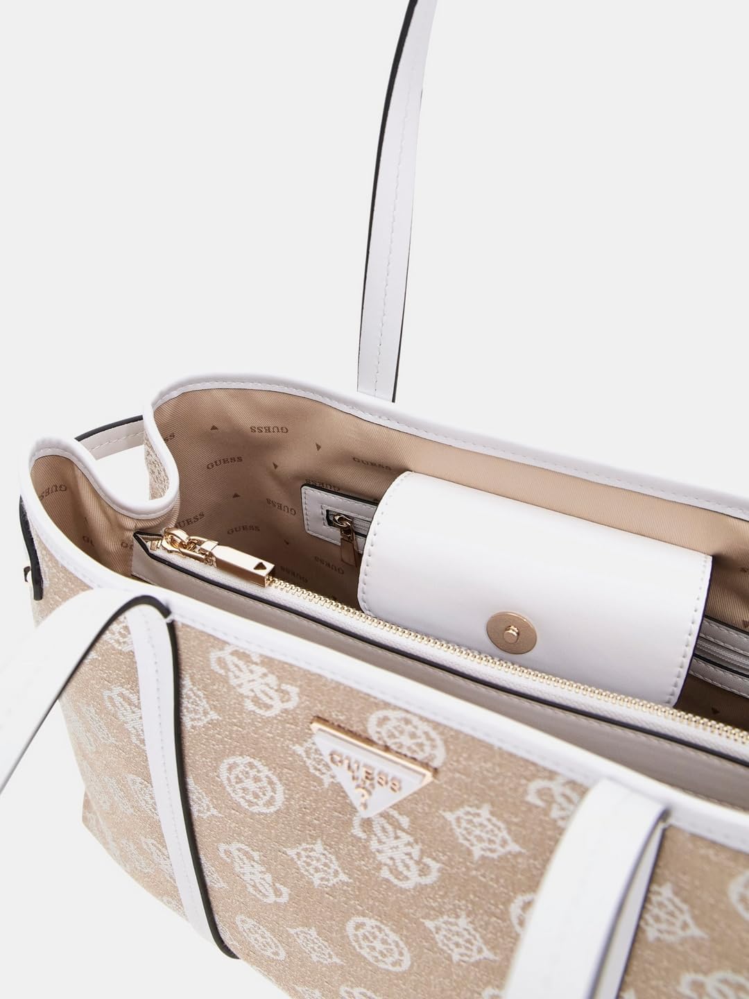 GUESS White Logo Printed Beyza Girlfriend Tote Bag