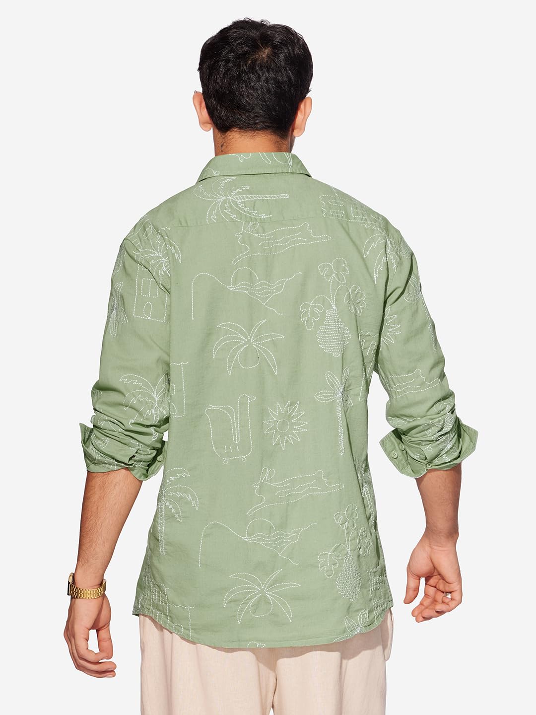 The Souled Store Summer Vibe Men and Boys Long Sleeves Collared Neck Button Front Green Embroidered Regular Fit Cotton Linen Shirts