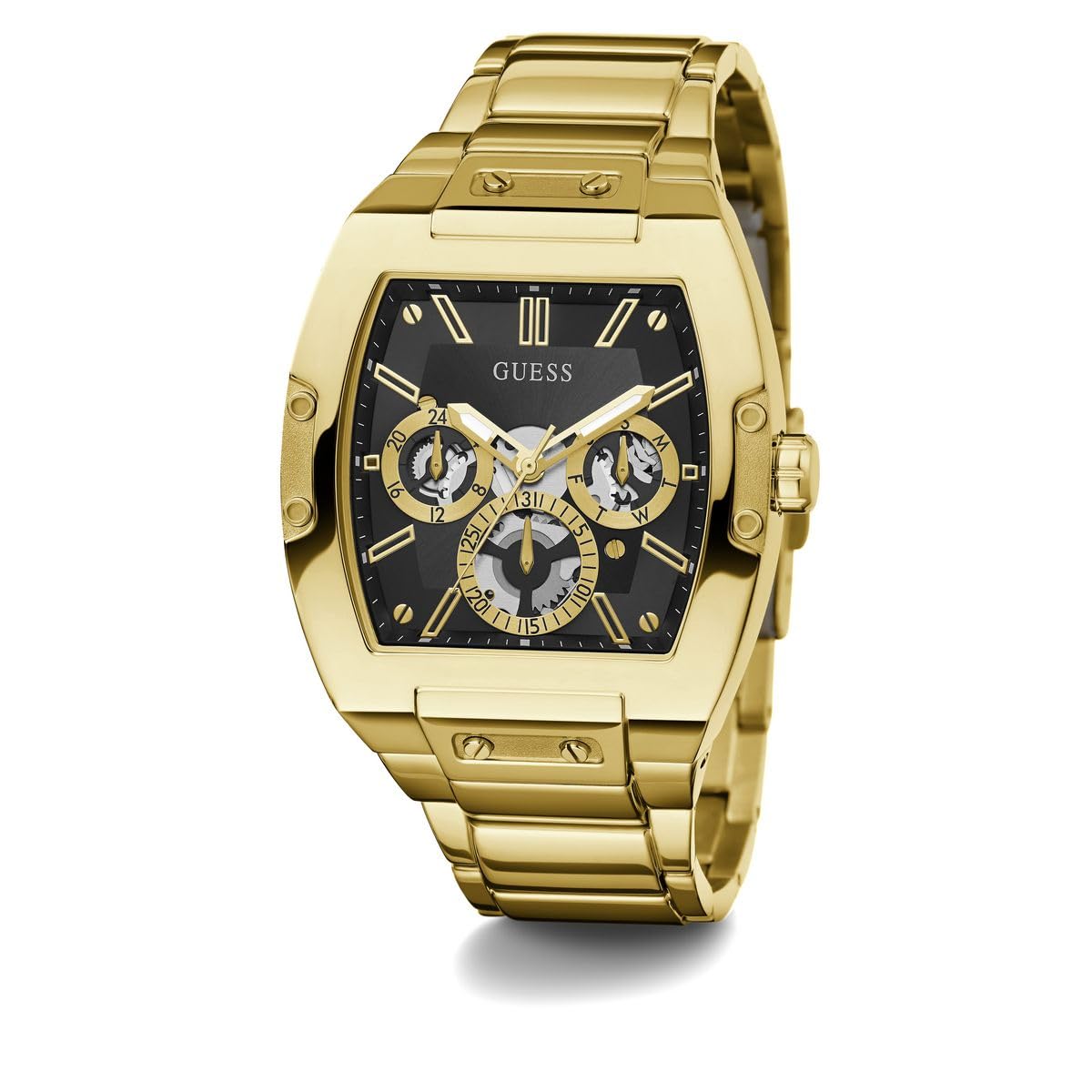 GUESS Stainless Steel Phoenix Collection Analog Black Dial Men Watch-Gw0456G1, Gold Band