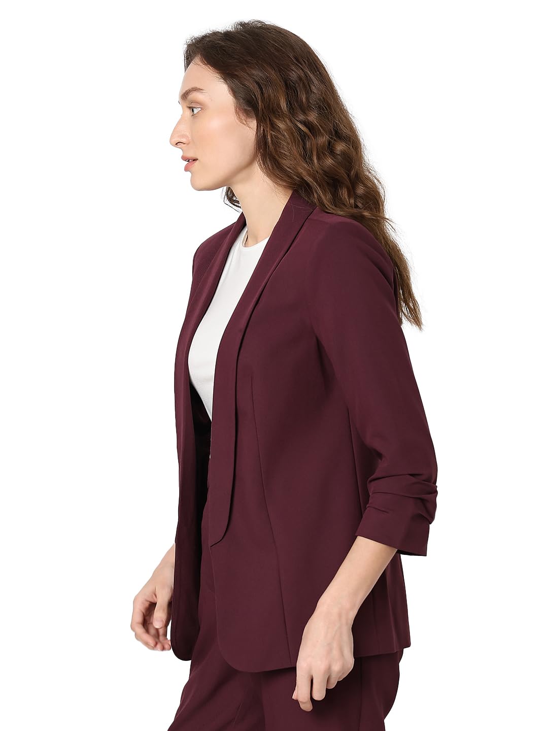 VERO MODA Women Solid Maroon Relaxed Fit Single Breasted Blazer