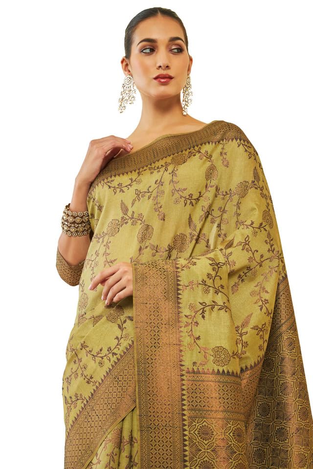 Soch Womens Light Green Tussar Silk Saree With Floral And Foliage Woven Designs