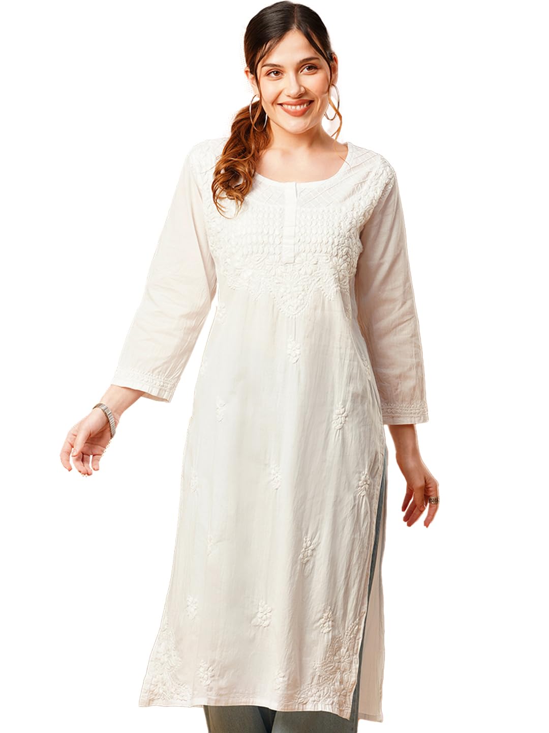 Ada Women's Hand Embroidered Lucknow Chikankari Pure Cotton Kurta Kurti A342031 (White, 2XL)