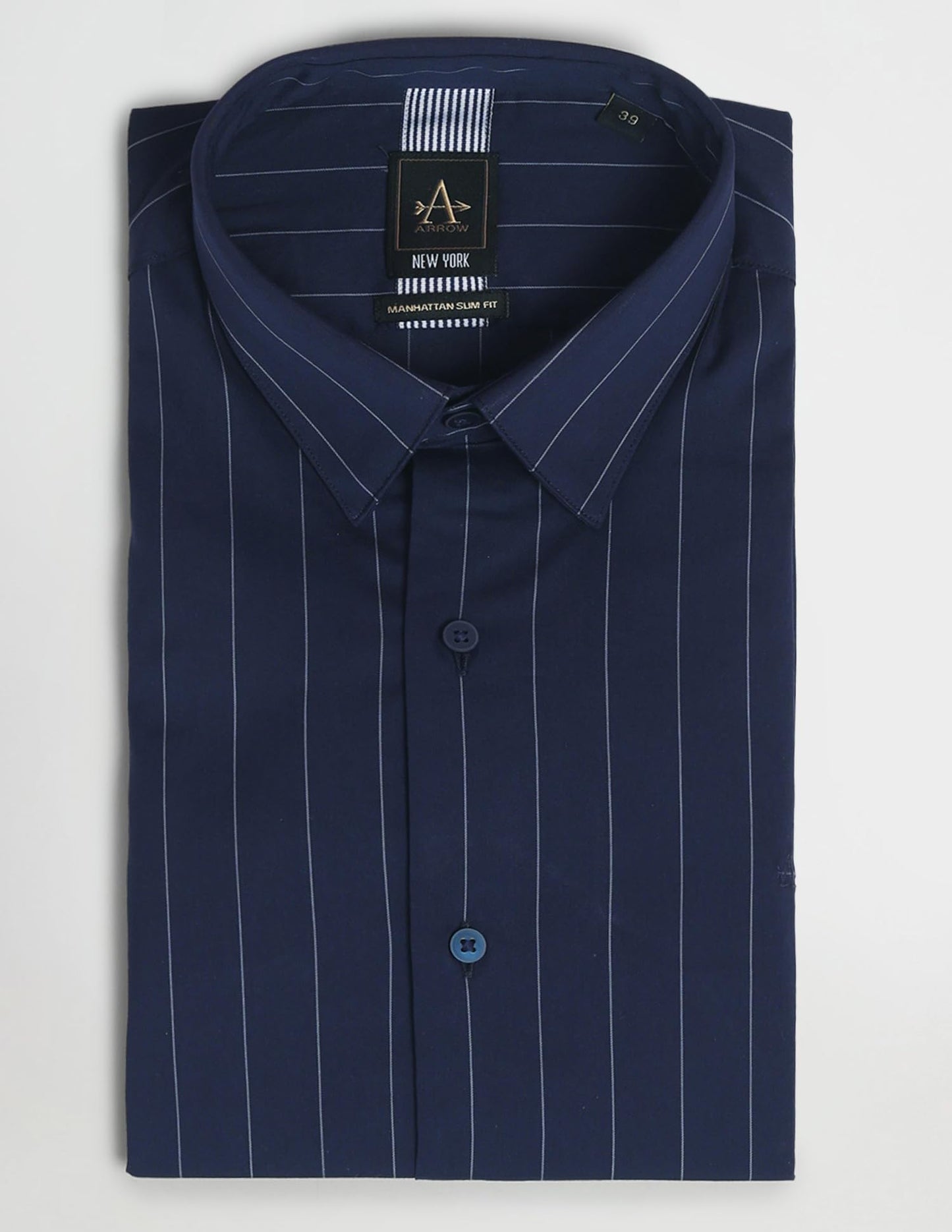 Arrow New York Men's Striped Slim Fit Shirt (ARES1244_Navy