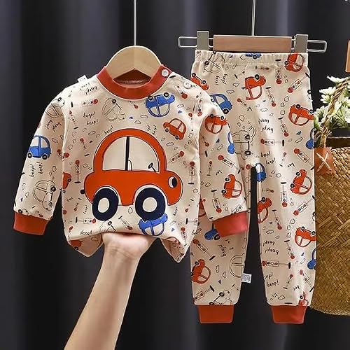 Bold N Elegant Full Sleeve Cartoon Print Cotton T-Shirt & Pajama Pajama Clothing Set for Infant Toddler Baby Boy Girl Kids (0-6 Months, Red)