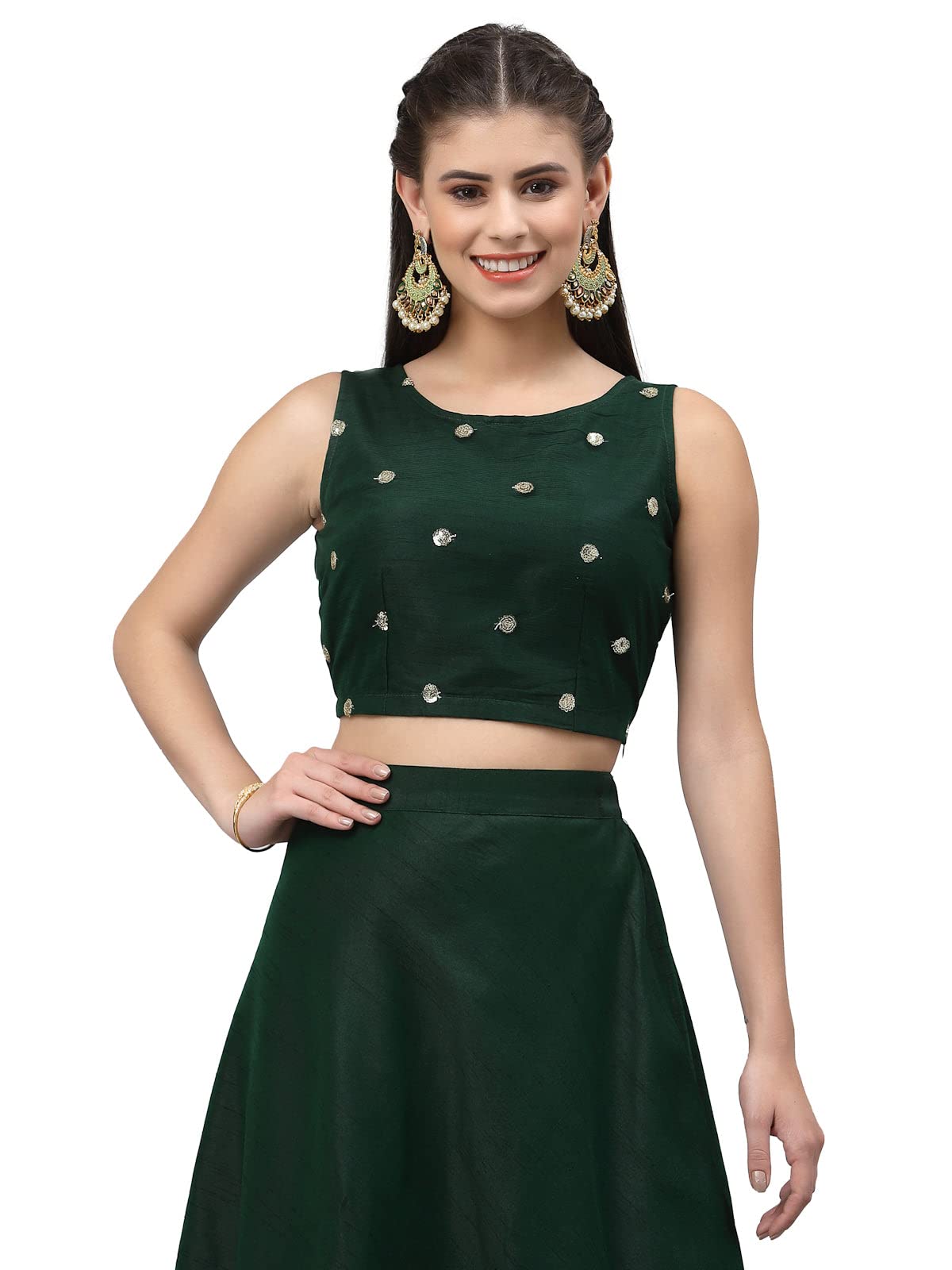 studio rasa Net Women's Girls Sequin Embroidered Sleeveless Blouse Crop Top For Wedding Festive(Tpwc22044S_Bl_Green_Small)
