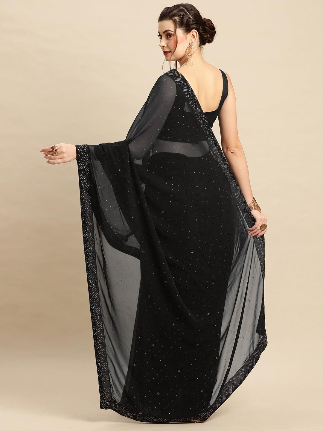 AKHILAM Women's Georgette Lace Work Embellished Designer Saree With Unstitched Blouse Piece (Black_GLMP902D)