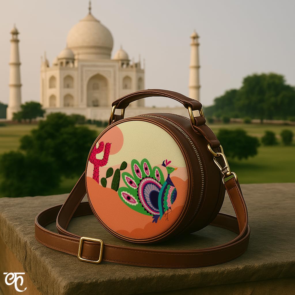 Kalankit Round Sling For Women | Girls Crossbody Bags | Side Bags With Adjustable Strap | Travel Box Sling Bags | Desert Peacock