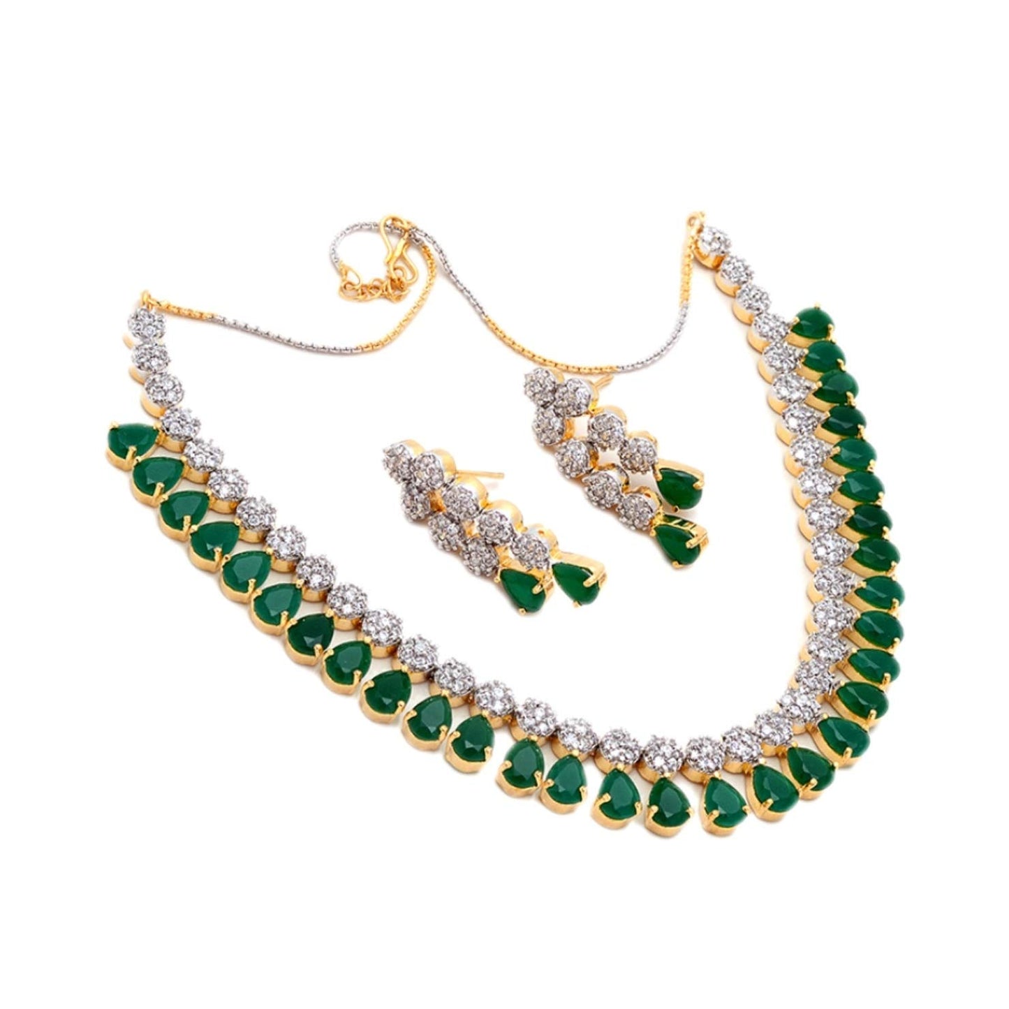 Jewar Mandi Necklace Set Ad Cz Silver Gold Plated Two Tone Gemstone Jewelry for Women & Girls (Green Emerald)