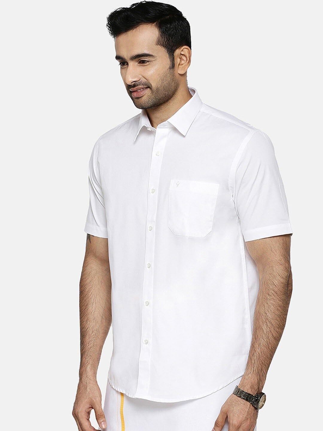 RAMRAJ COTTON Mens Spread Collar Solid White Half Sleeve Casual Shirt (42;White_ 1)
