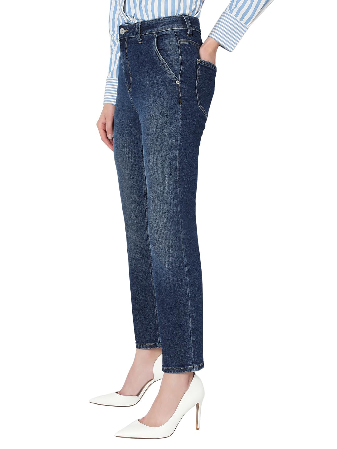 VERO MODA Women's Slim Fit High-Rise Dark Blue Jeans