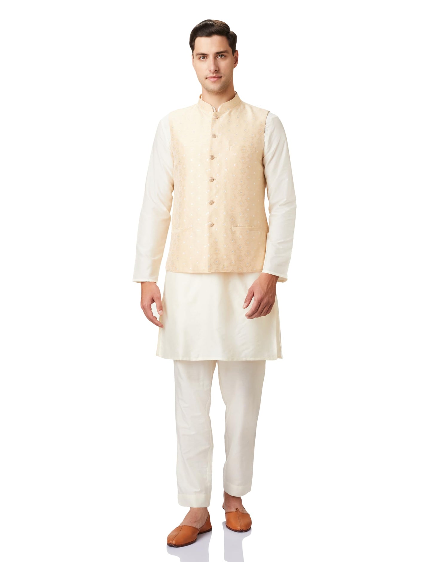 Symbol Premium Rayon Blend Men's Festive Geometric Nehru Jacket Kurta Pant Set (3pcs) (SP-M-A24-ET-501_OFF WHITE/L.YELLOW_2XL)