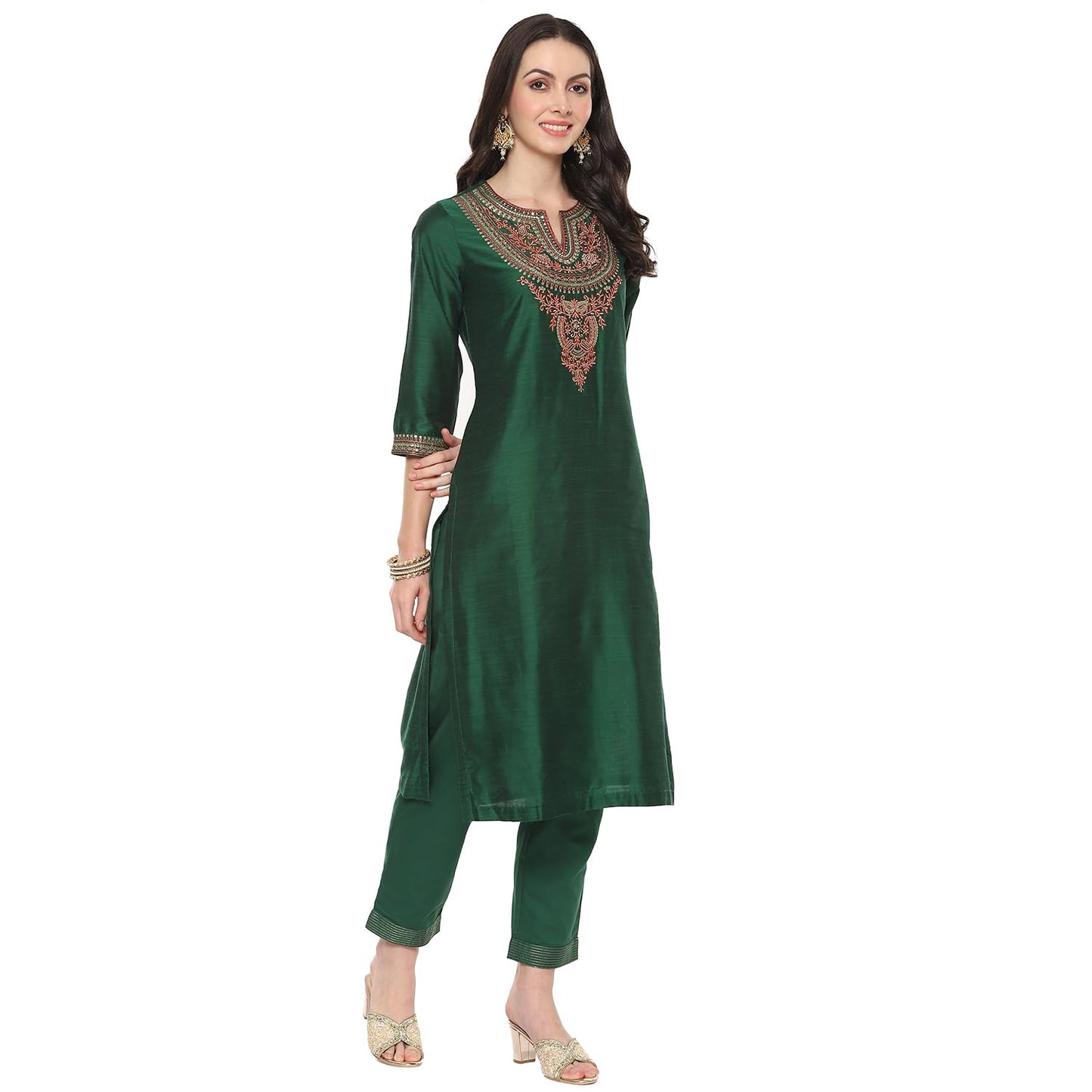 BIBA Women's Cotton Blend Embroidery Straight Salwar Kurta Dupatta (Skdbanarasi8852_Green/Red_34)