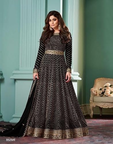 STEP N SHOP.COM Georgette Anarkali Gown with Dupatta Set, Embroidered, Wedding (ST06) (in, Alpha, S, Regular, Black)