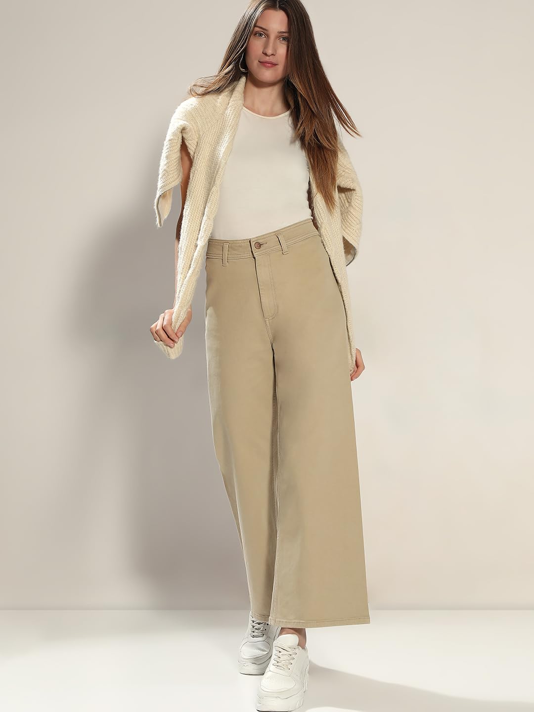 VERO MODA Womens Wide Leg High Rise Jeans Beige