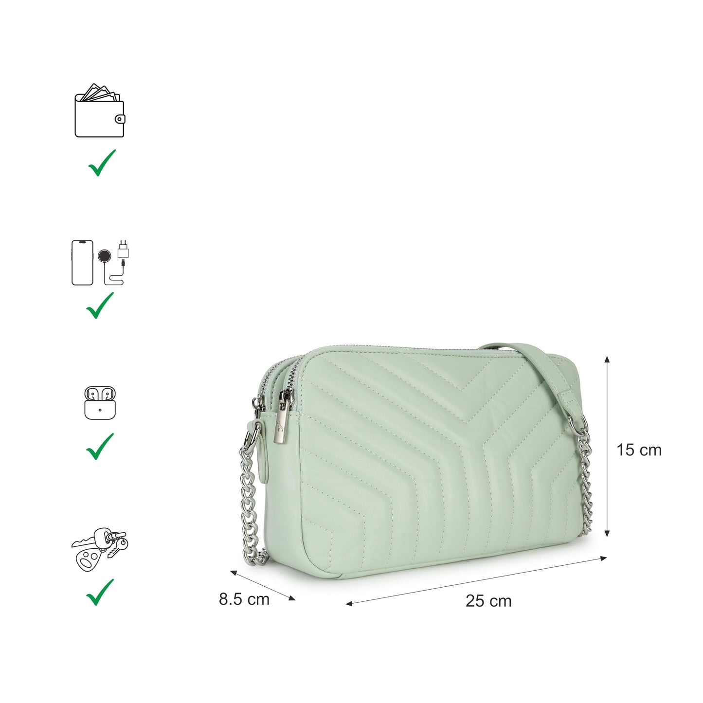 Fastrack Pastel Quilt Sling Bag for Women | Lightweight Quilted Crossbody with 3 Zippered Compartments, Detachable Strap and Soft-Tone Hardware | Stylish Everyday Sling for Casual Outings and College