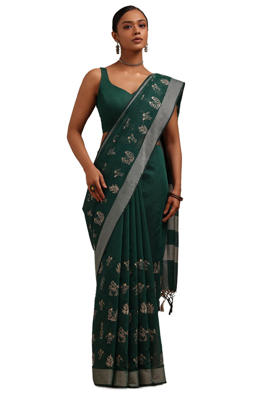 Soch Womens Teal Green Chanderi Warli Print Saree With Thread Work