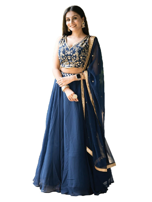 LooknBook Art Women's wear Navy blue Georgette Sequins and Thread Embroidery Work lehenga choli