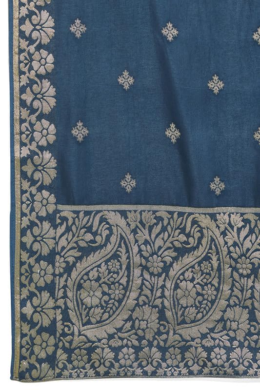 Soch Womens Navy Blue Brocade Abstract Print Suit Set with Zari Woven Dupatta