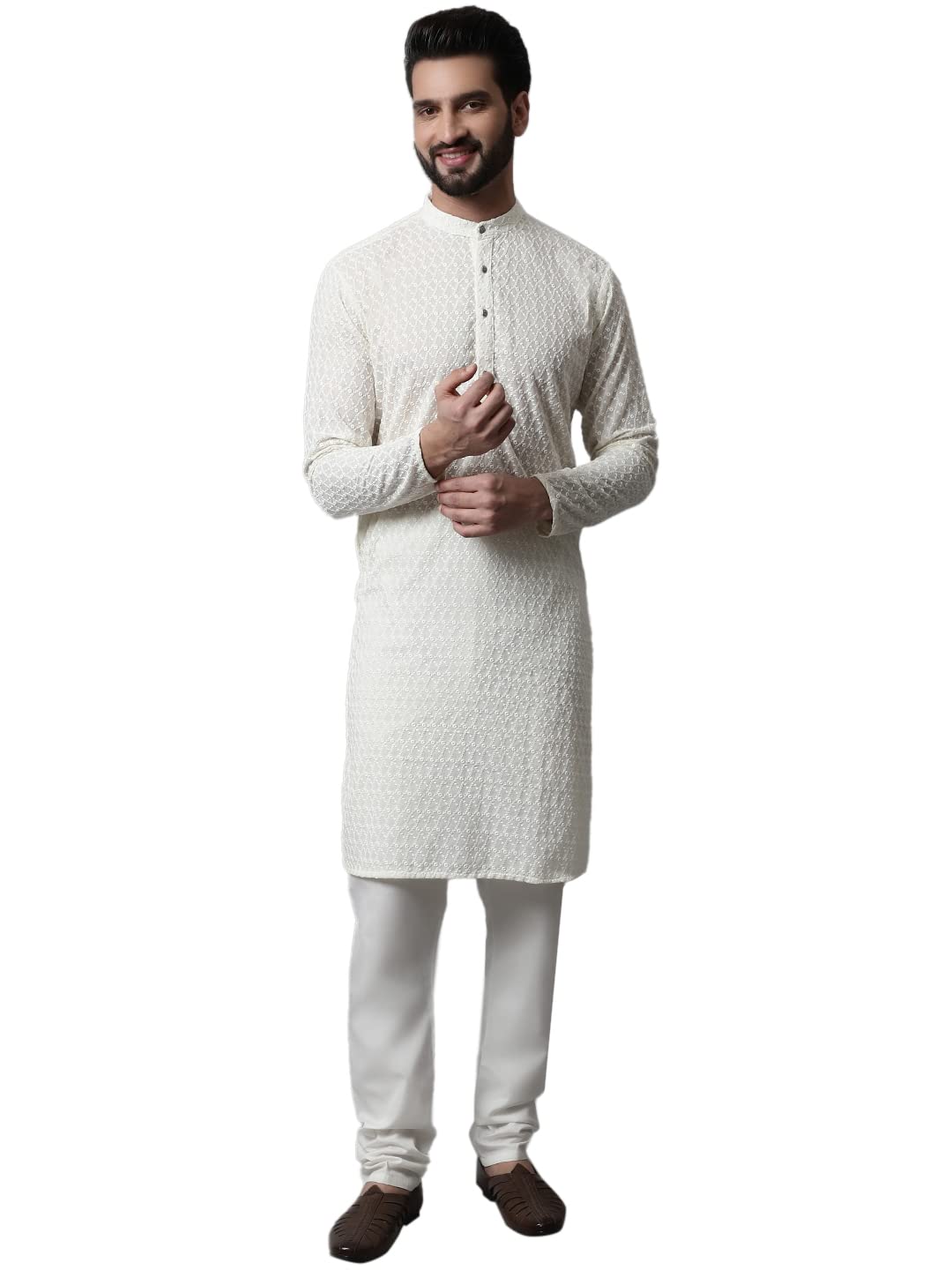 Jompers Men Embroidered Kurta with Churidar (Cream, M)