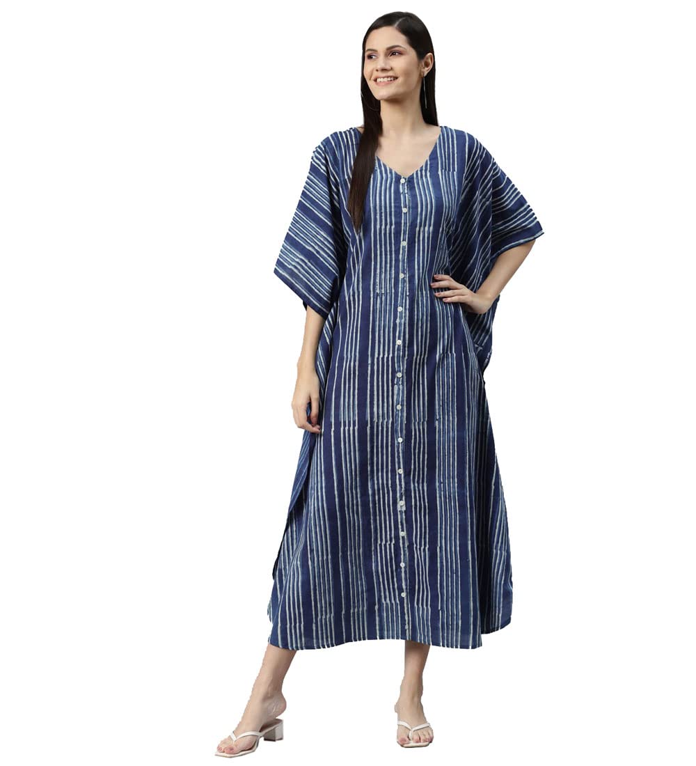 Divena Blue Hand Block Printed Striped Kaftan Dress
