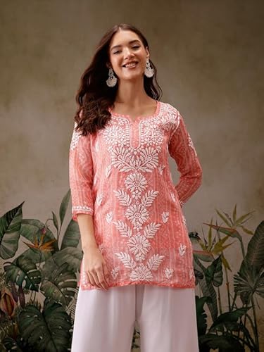 Ada Women Cotton Blend Regular Fit Hand Embroidered Lucknowi Chikankari Printed Kota Doria Short Kurti Top Tunic with Slip A911440 Peach (XL)