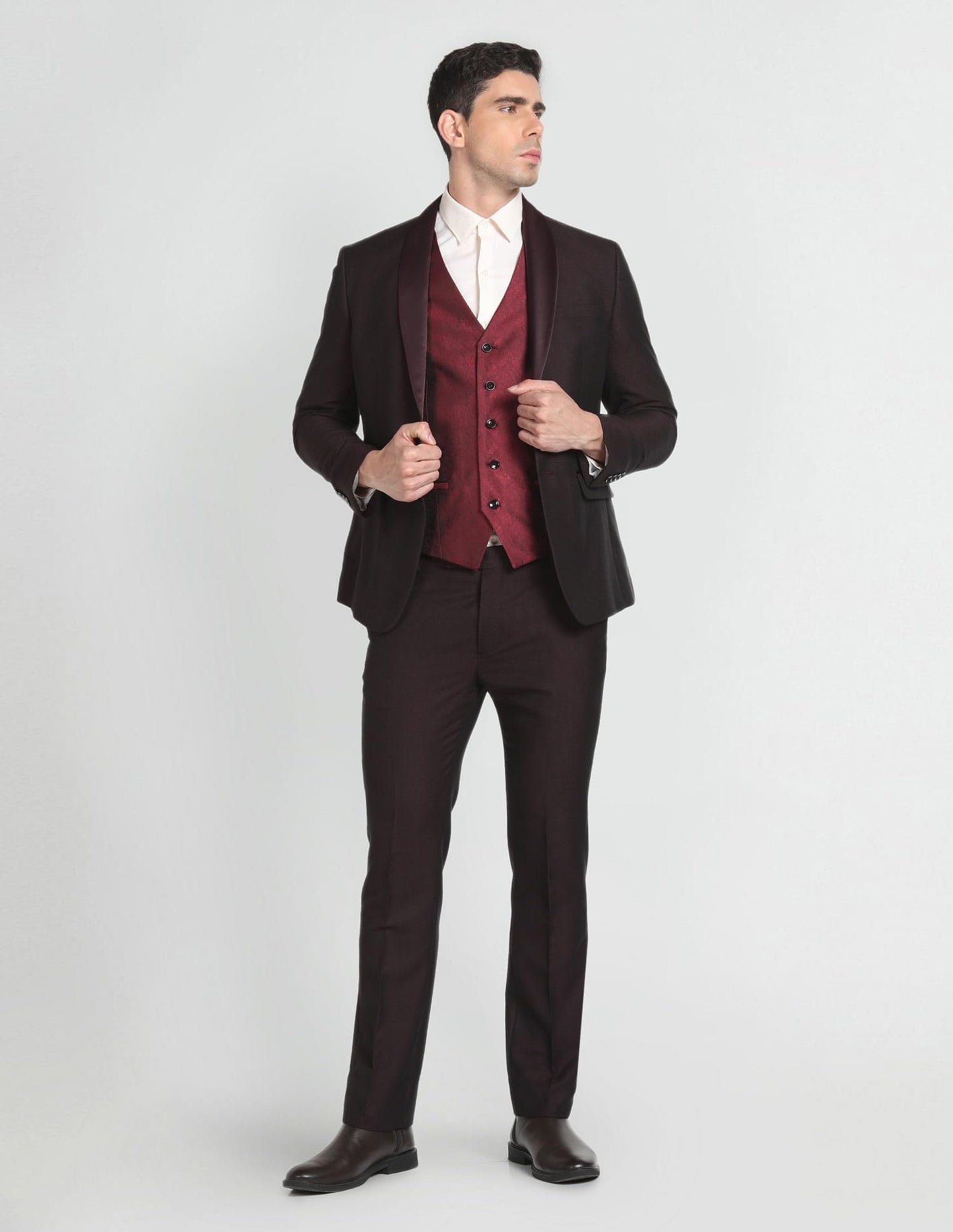 Arrow Men's Polyester Double Breasted Business Suit Pants Set (ARAGSU5523_Maroon_42)