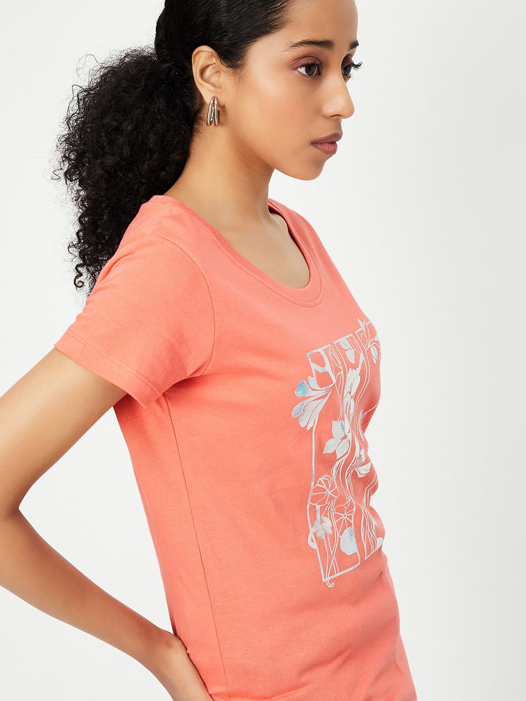 Max Women's Cotton Regular Fit Metallic Printed T-Shirt (Sp24Ccp05Orange)_M