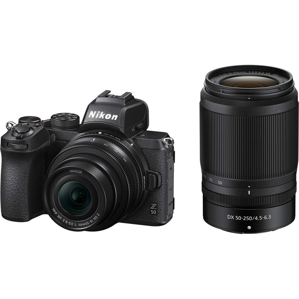 Nikon Z50 Mirrorless Camera with Z DX 16-50mm f/3.5-6.3 VR & Z DX 50-250mm f/4.5-6.3 VR Lens with Additional Battery & 64 GB SD Card