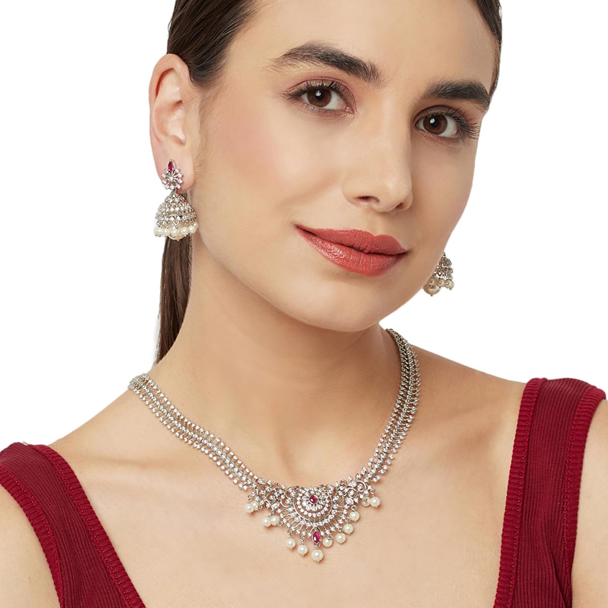 VOYLLA Cz Elegance Silver Plated Brass Necklace Set For Women|Womens Jewellery Set|Gift For Women|Womens Gift|Gift For Her|