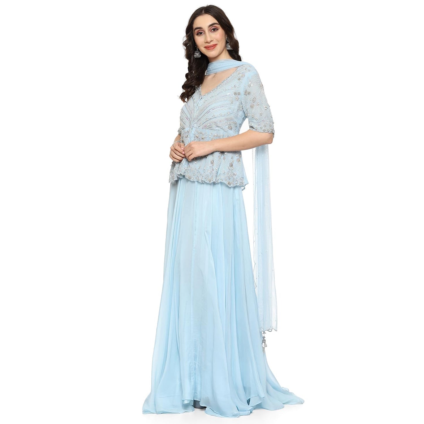 BIBA Women SOLID SHORT_KURTA SALWAR KURTA DUPATTA(SKDOCCASION WEAR9358_POWDER BLUE_36)