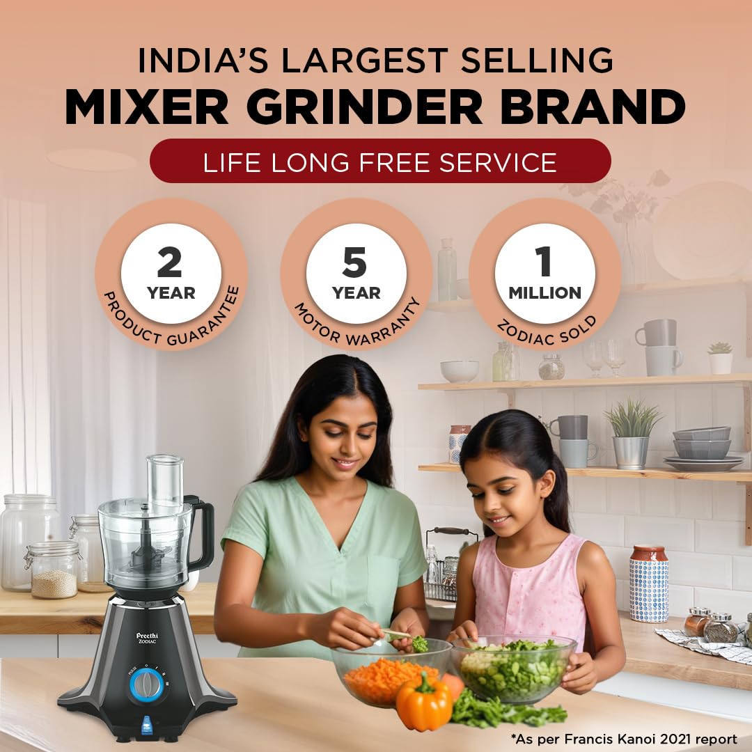 Preethi Zodiac MG-218 mixer grinder, 750 watt, Black/Light Grey, 5 jars - 3 In 1 insta fresh juicer Jar & Master chef food processor Jar, Vega W5 motor with 5yr Warranty & Lifelong Free Service