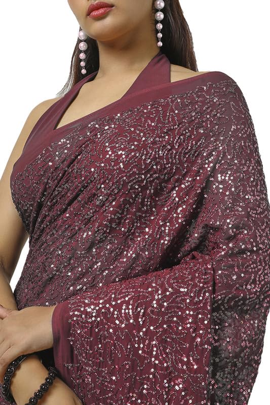 Soch Womens Wine Chiffon Saree With Sequence Work