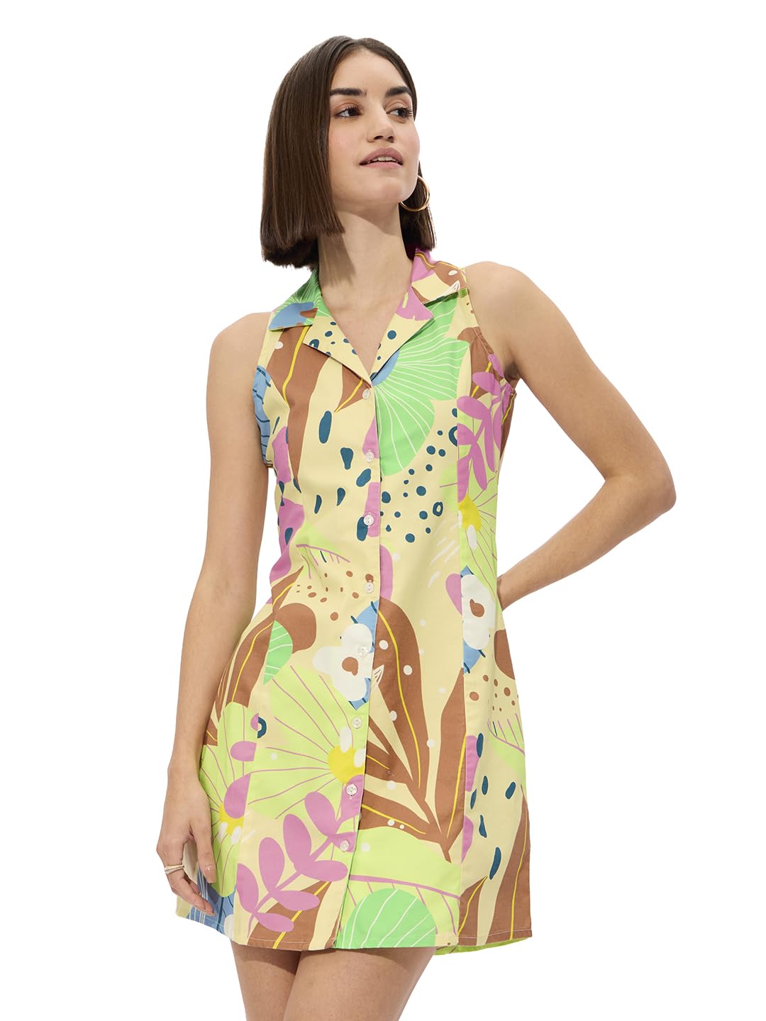 The Souled Store Floral Women and Girls Long Sleeves Collared Neck Button Front Textured Shirt Dress