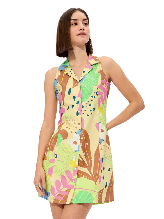The Souled Store Floral Women and Girls Long Sleeves Collared Neck Button Front Textured Shirt Dress