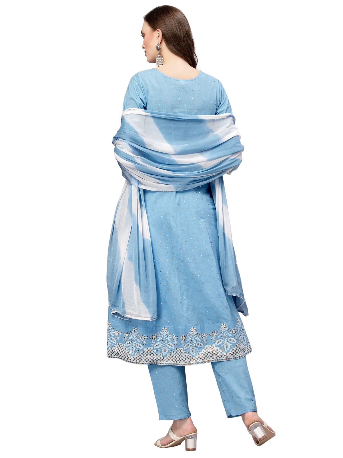 Stylum Women's Printed & Embroidered Cotton Anarkali Kurta Pant Dupatta Set