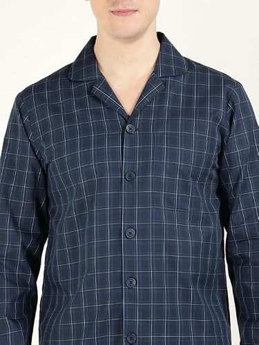Hancock Men Cotton Checked Relaxed Fit Night Suit Navy Blue Size L