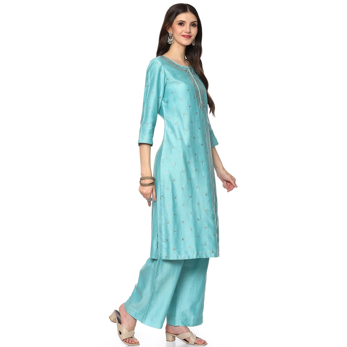 BIBA WOMEN SOLID STRAIGHT SALWAR KURTA DUPATTA(SKDCHIKANKA7800_TURQUOISE_36)